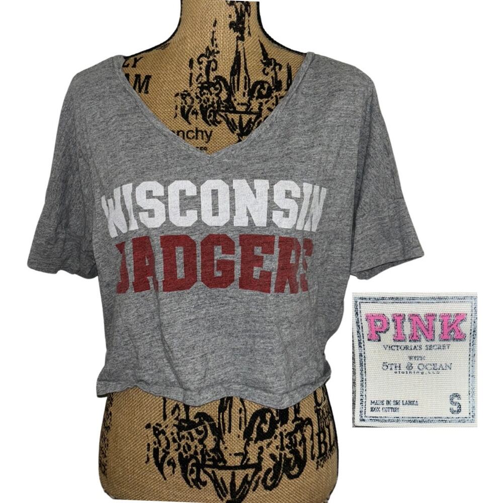 Victorias Secret PINK Wisconsin Badgers Crop Top Gray Red Size Small UW Madison